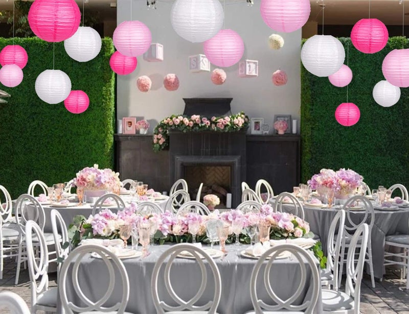 zilue 24pcs Hanging Round Paper Lanterns for Wedding Birthday Party Baby Showers Decoration Pink/White - Image 3